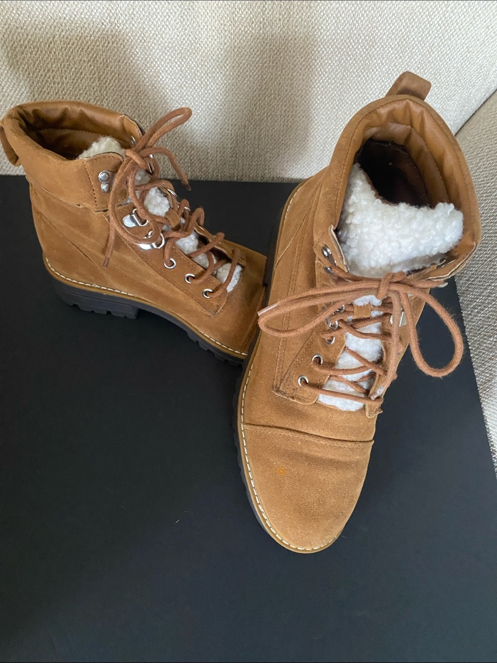 Time and Tru Tan Suede Lace-Up Shearling-Trim Ankle Boots
